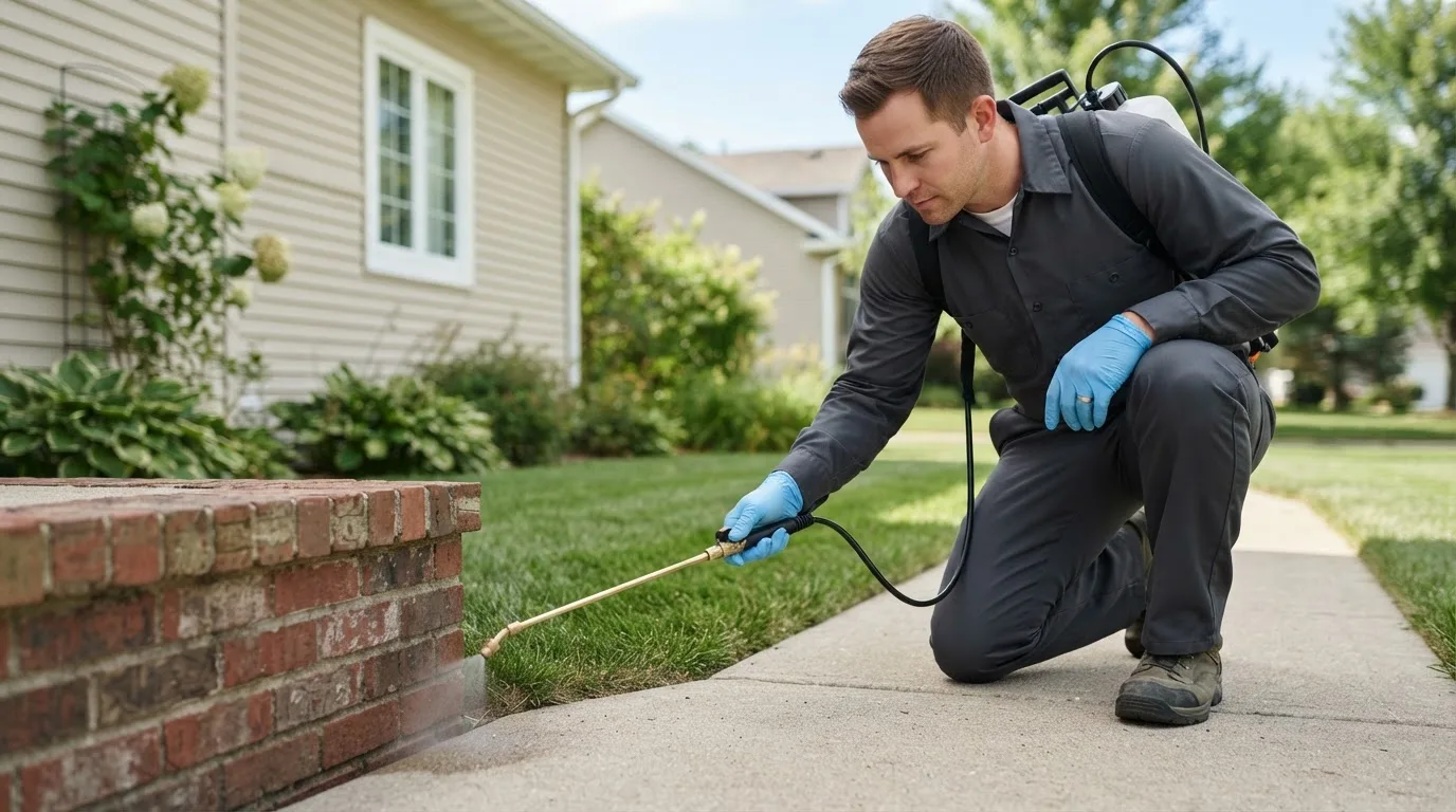 Pest control technician treating a home near North Little Rock, AR